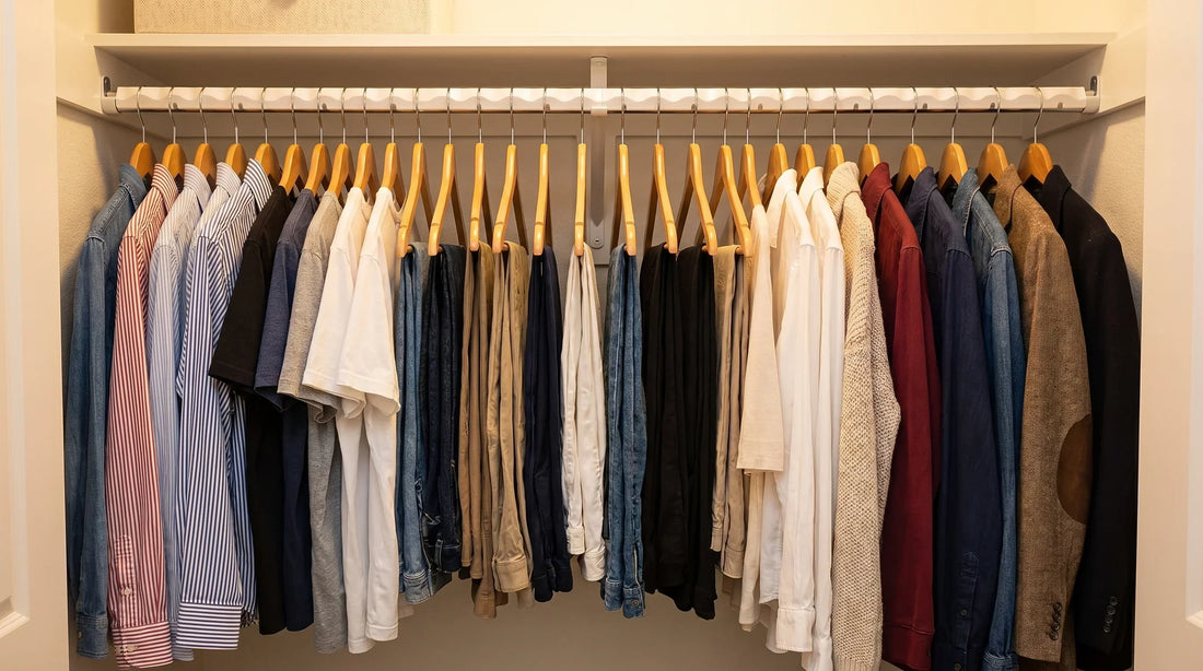 Best closet rod organizer of 2026 shown installed on a bedroom closet rod with 25 clothes evenly spaced and no bunching
