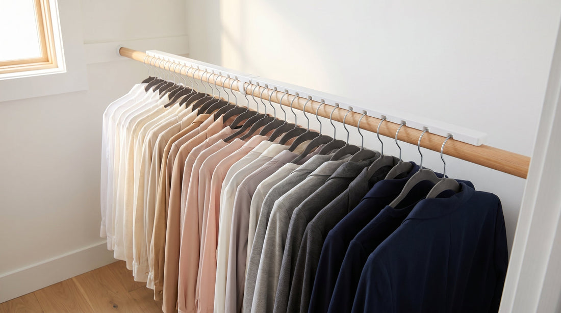 Closet rod with hangers stopped from bunching using TheAranger spacing system showing 25 evenly spaced garments with no sliding or piling