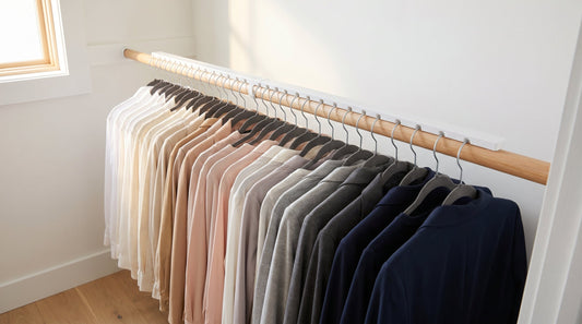 Closet rod with hangers stopped from bunching using TheAranger spacing system showing 25 evenly spaced garments with no sliding or piling
