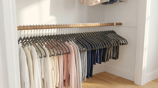 Neat bedroom closet with a hanging closet organizer installed on the rod without tools, clothes evenly spaced, warm natural light