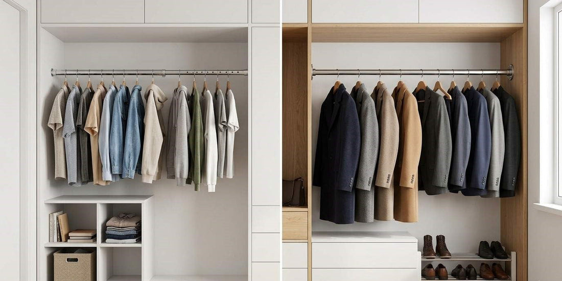 Adjustable vs fixed closet rod comparison showing flexible and permanent closet setup