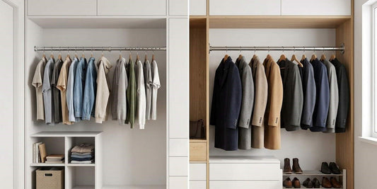 Adjustable vs fixed closet rod comparison showing flexible and permanent closet setup