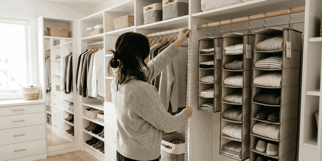 Person measuring closet space while comparing different hanging closet organizer sizes in a modern wardrobe