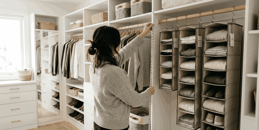 Person measuring closet space while comparing different hanging closet organizer sizes in a modern wardrobe