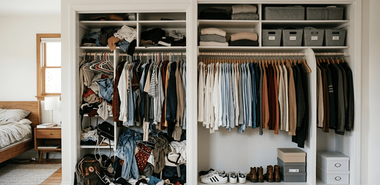 Side-by-side comparison of a messy and an organized American bedroom closet, realistic lighting, wide-angle shot