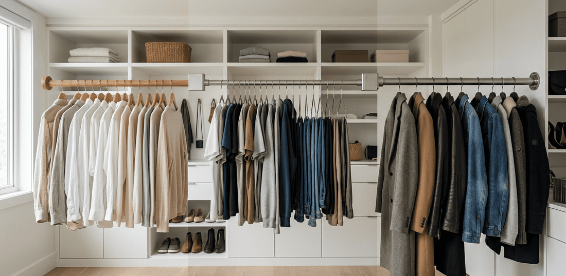 Modern closet showing wood, metal, and steel closet rods comparison with different clothing loads for strength and durability