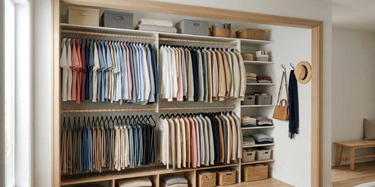 Organized closet with double hanging rods and slim hangers to maximize hanging space