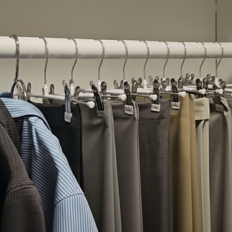 Closet hanging rod organizer installed with hangers neatly arranged